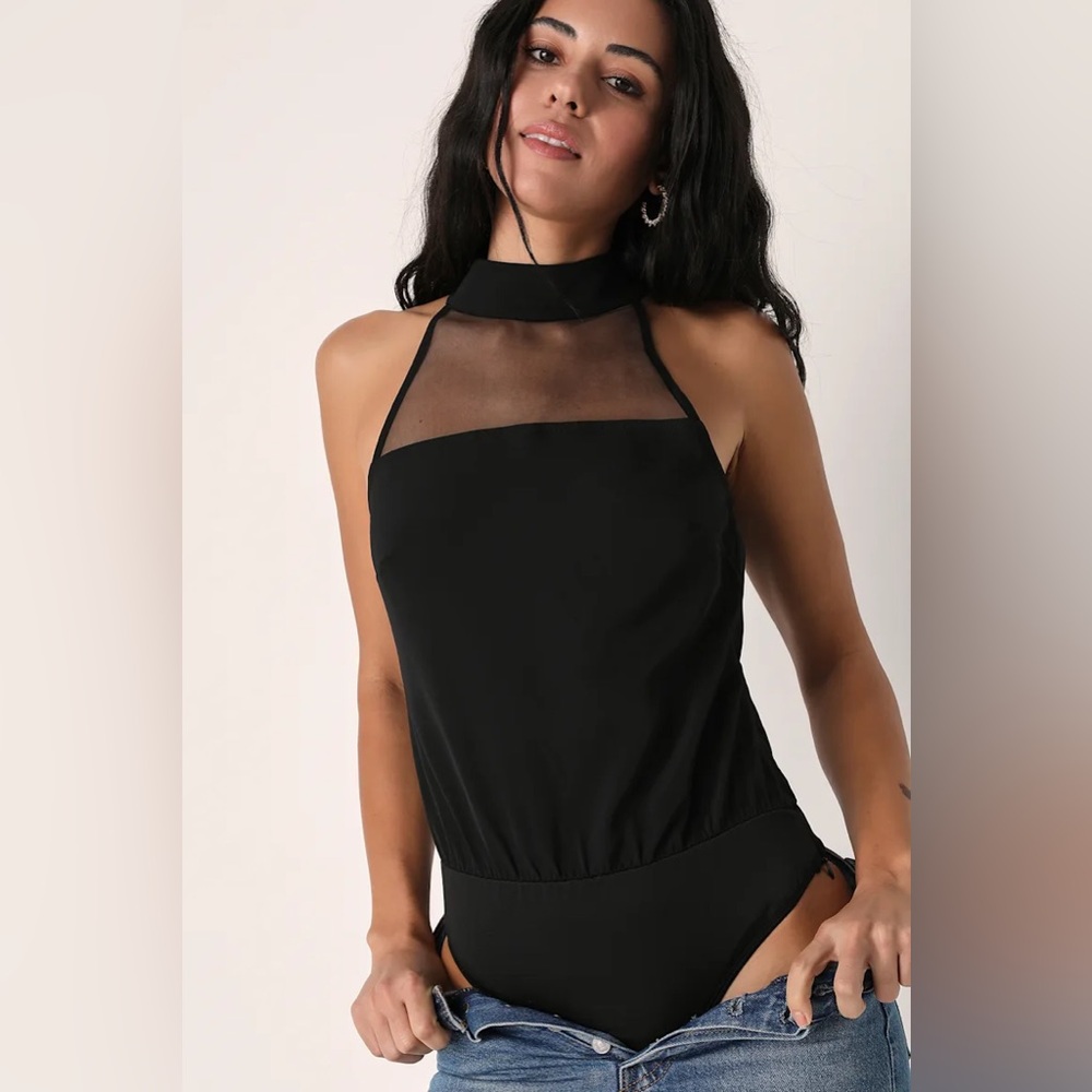 Lulus Made To Mesh Black Mock Neck Bodysuit